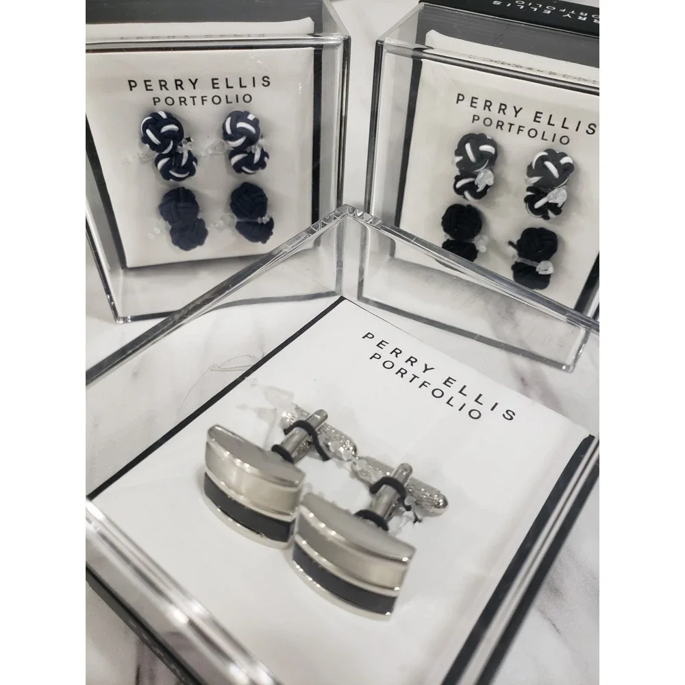 LOT 3 Navy Blue‎ & Black Silver Perry Ellis Portfolio Silk Knot Cufflinks Prep